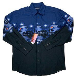 Panhandle Western Pearl Snap Shirt L Blue Cowboy Border NEW